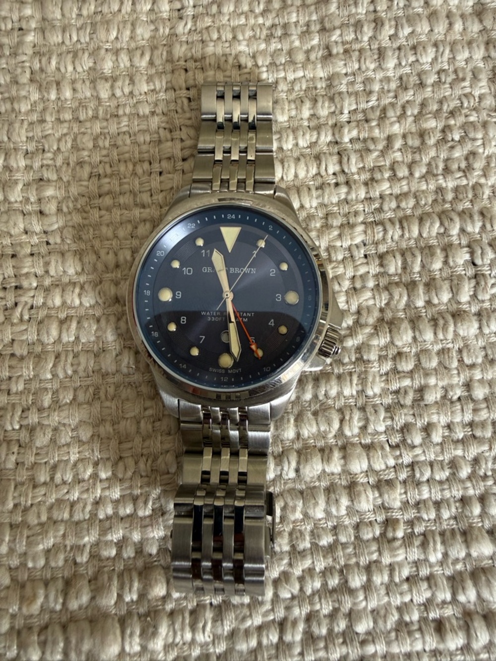 Grant Brown Men's Stainless Steel Watch with Blue Dial and Red Accent